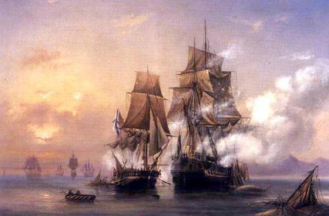 Alexey Bogolyubov Capturing of Swedish 44-gun frigate Venus by Russian 22-gun cutter Merkuriy of June 1, 1789. Sweden oil painting art